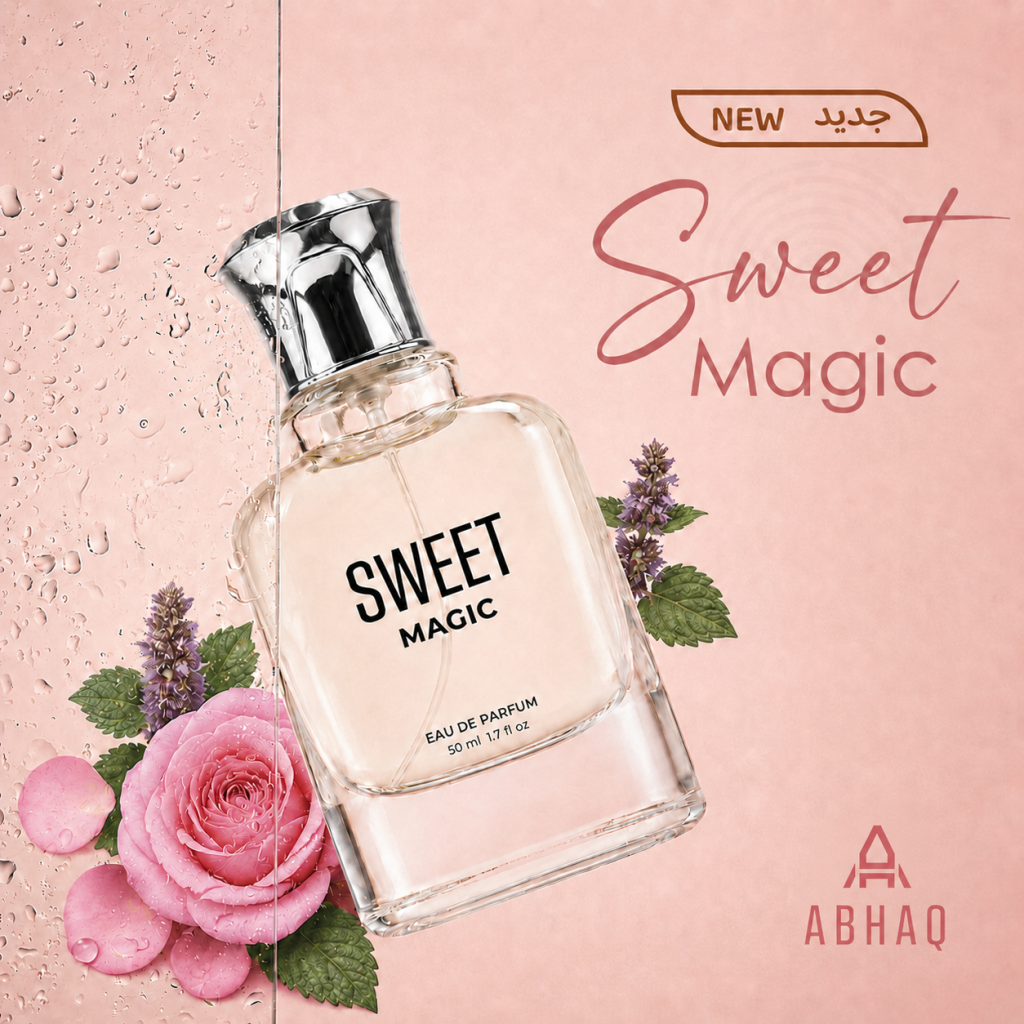 ABHAQ Ahsas perfume bottle with a white frosted body, gold cap, and Arabic calligraphy label, surrounded by soft cream-colored flowers on a warm golden background.