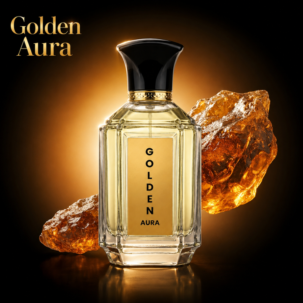 Golden Aura perfume bottle with a clear glass faceted body, black cap, and gold label, flanked by two pieces of raw amber resin on a dark golden-brown background.
