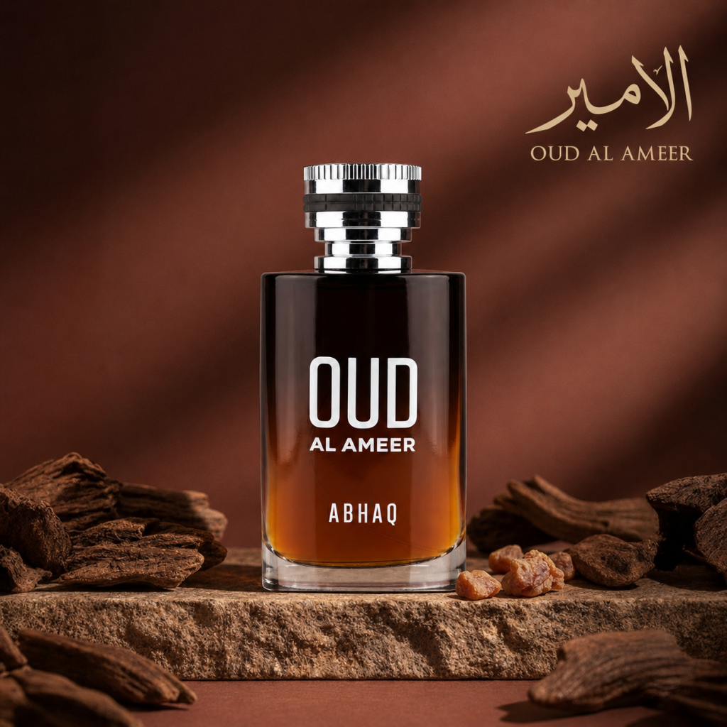 ABHAQ Oud Al Ameer perfume bottle with a dark amber-to-black gradient glass body and silver ridged cap, surrounded by oud wood chips on a stone surface against a deep brown background.