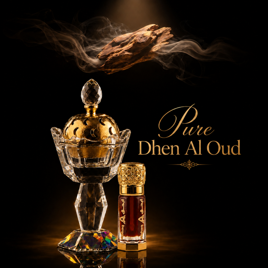 A crystal incense burner with an ornate gold dome lid and a small ABHAQ Pure Dhen Al Oud oil bottle, with a piece of smoking oud wood floating above on a black background.